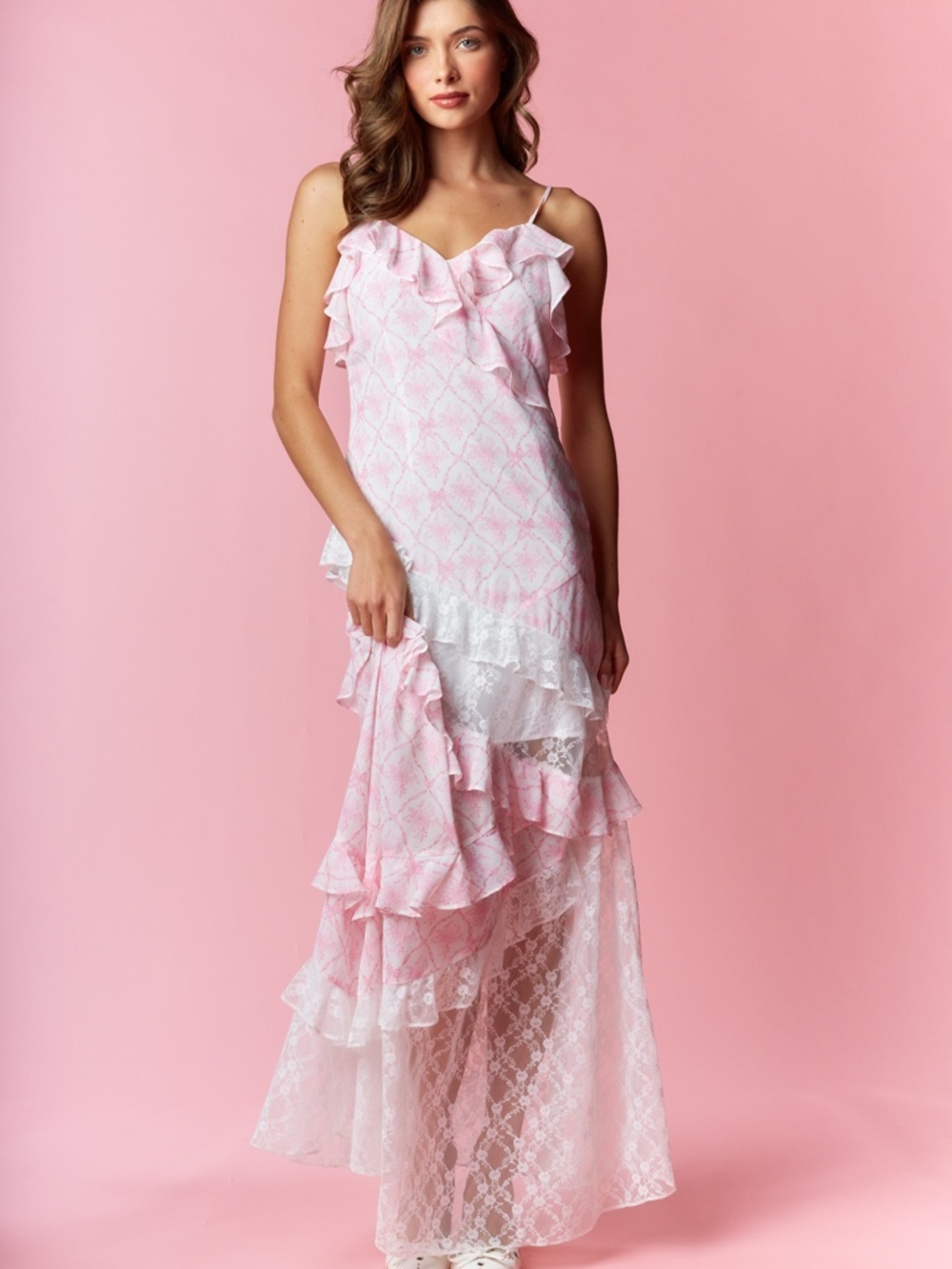 Coquette Printed Lace Mixed Ruffle Maxi Dress Large